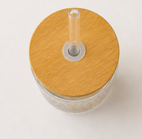 Floral Glass Can with Bamboo Lid & Straw – 16oz