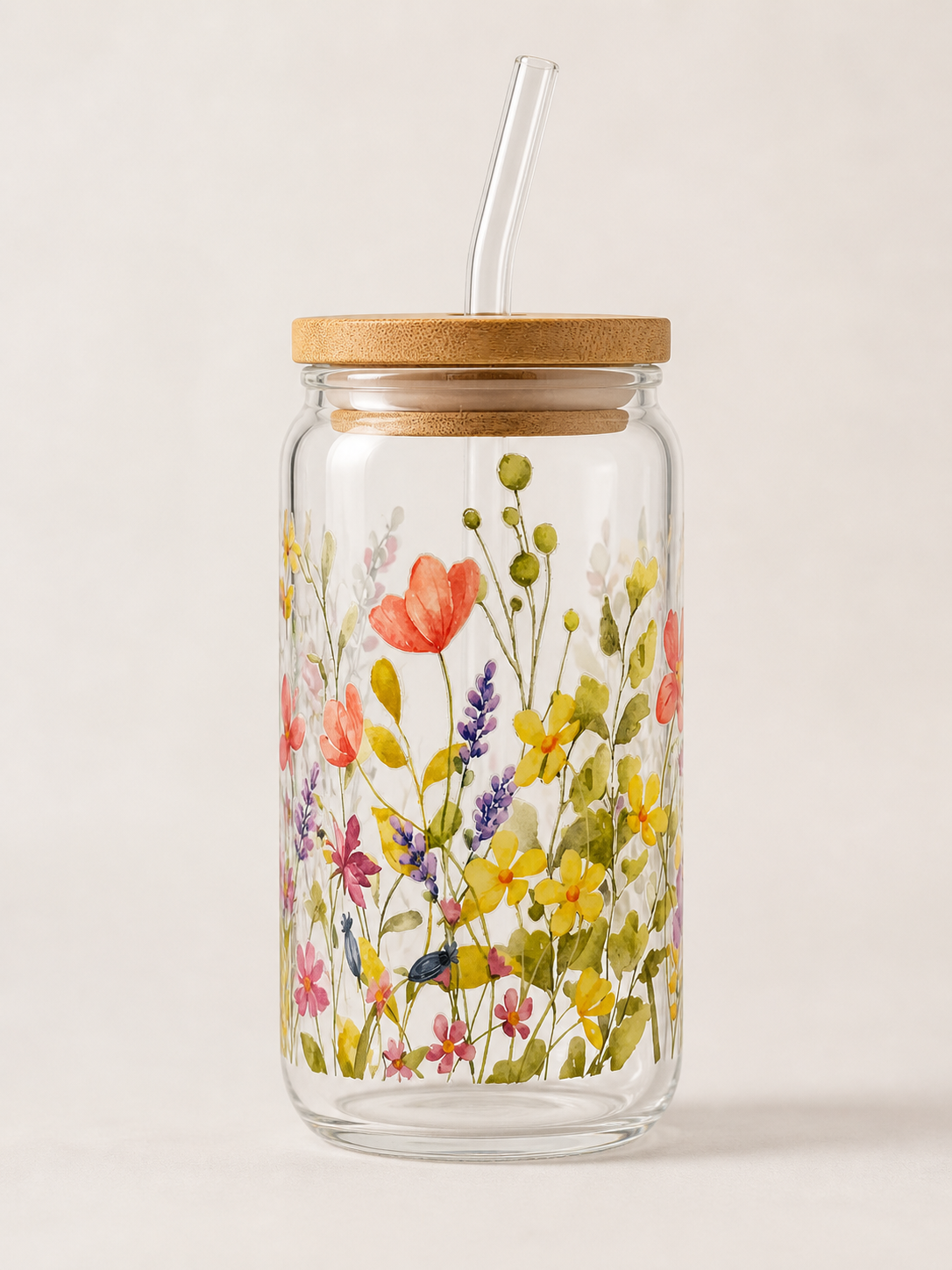 Floral Glass Can with Bamboo Lid & Straw – 16oz