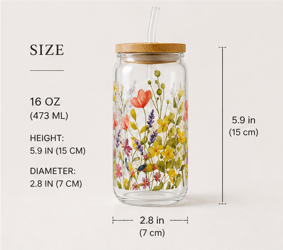Floral Glass Can with Bamboo Lid & Straw – 16oz